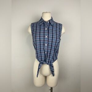 Vtg Talbots 90s M Tie Knot Collar Plaid Cropped Shirt Americana Country Western